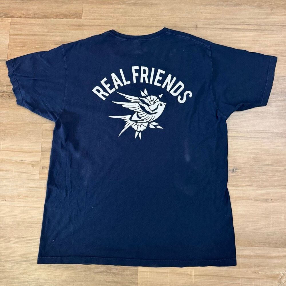Real Friends Men’s Double Sided Navy Blue Shirt Size XL Midwest Emo Pop Punk Alt